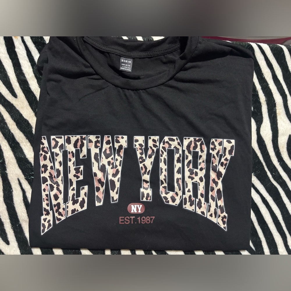 Shein Black Long Sleeve Tee with Leopard 'NEW YORK' Print